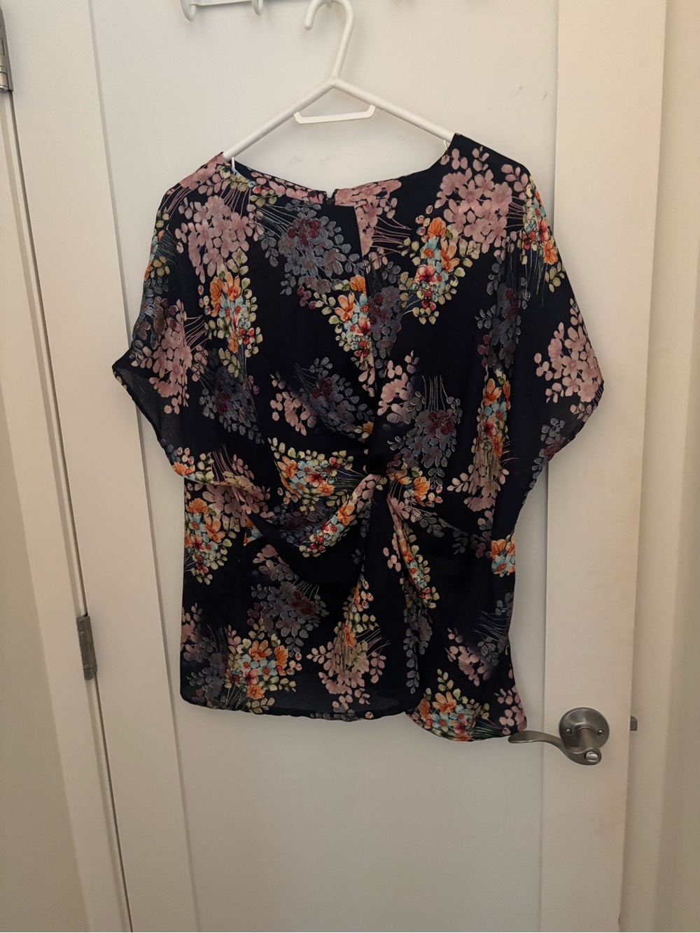 Floral Knot-Front Navy Women's Top - Elegant Short Sleeve Blouse